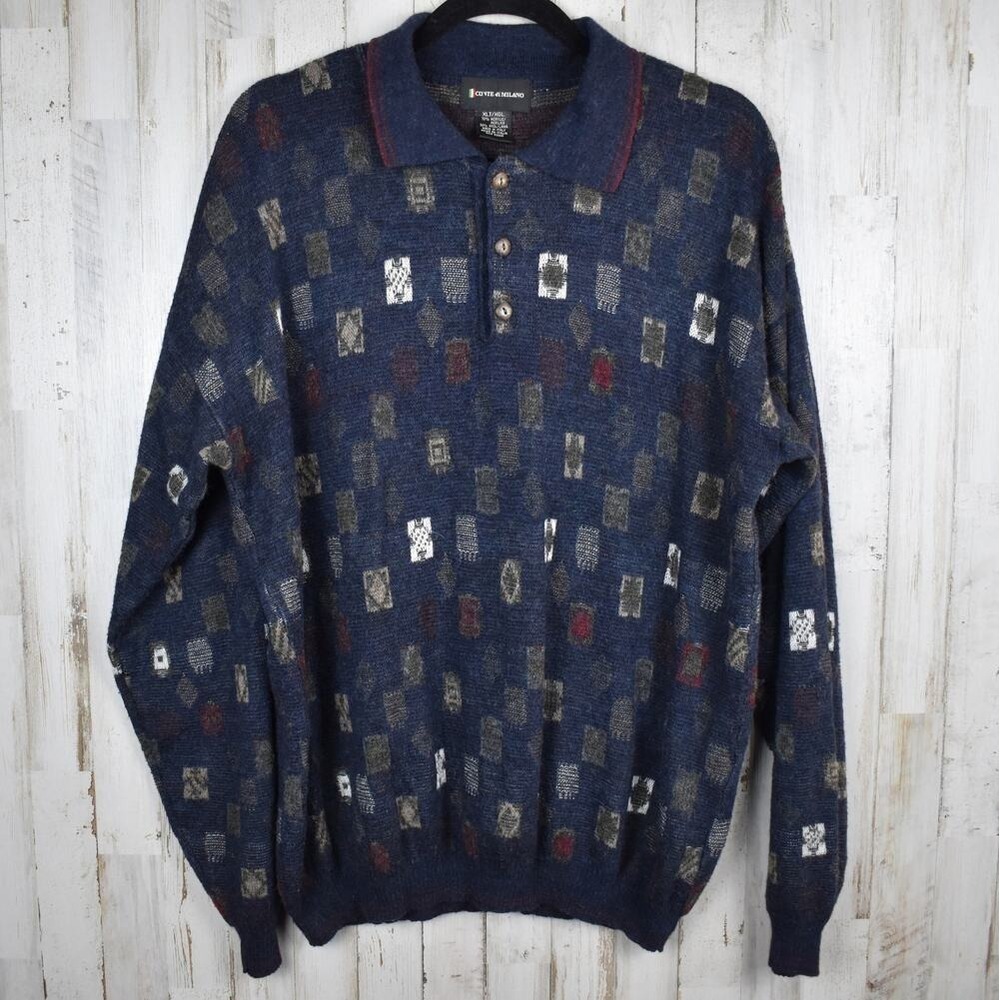 Vintage 90s Men Sweater Xlarge Tall XLT Blue Wool Henley Pullover Grandpacore